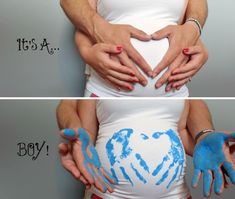 two pictures of pregnant women with hands painted on their stomachs and the words it's a boy written in blue