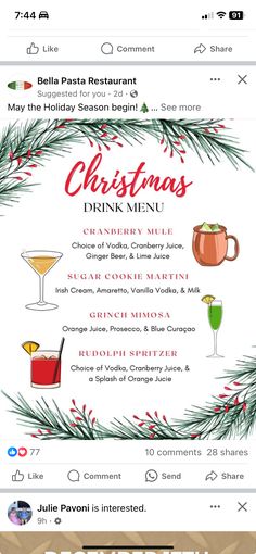 the christmas drink menu is displayed in this screenshote photo, and it's all ready to be filled with drinks