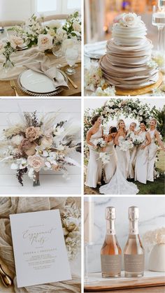 a collage of wedding photos with flowers and champagne