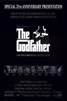 the poster for the movie, the godfather is shown in black and white