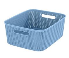 a blue plastic basket with handles