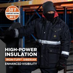 The Enhanced Visibility Siberian Jackoat is a fingertip length jacket with 2 inch 3M Scotchlite Reflective Tape around the chest, back and forearms to help keep you safe and more visible in low-light conditions. Comfort rated to -50°F, the jacket is perferct for cold-environment work or play. Flaps cover all the insulated, oversized pockets to protect contents while giving you a place to warm your hands. Durable Utility Outerwear For Winter, Black Winter Outerwear For Weather Protection, Black Winter Outerwear For Protection, Black Outerwear For Winter Weather Protection, Heavyweight Long Sleeve Winter Outerwear, Durable Black Long Sleeve Outerwear, Durable Black Outerwear, Insulated Long Sleeve Black Parka, Black Insulated Long Sleeve Parka