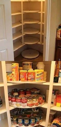 the inside of a pantry with shelves full of food