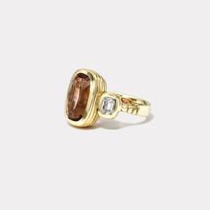 7.08ct Cushion Peach Tourmaline Bubble Ring with .82ct Diamonds – Retrouvai Peach Tourmaline, Custom Signet Ring, Solitaire Bands, Bubble Ring, Pink Spinel, Brown Stone, Baguette Cut Diamond, Ring Crafts, Green Sapphire