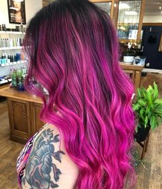 Black To Hot Pink Ombre Hair, Medium Length Vivid Hair, Fun Hair Color Ideas For Brunettes Pink, Black And Pink Hair Ombre, Pink Dimensional Hair, Pink Ombre Hair Brunette, Ombré Pink Hair, Hot Pink And Brown Hair, Ombre Hair Color Pink