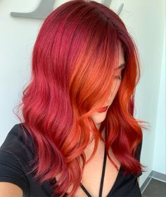 Red Hair With Orange Money Piece, Red And Peach Hair, Color Block Hair Red, Red Hair Orange Highlights, Orange Bayalage Hair, Red Color Block Hair, Orange Red Hair Color, Vivid Red Hair Color