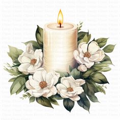 a candle with white flowers and green leaves around it, surrounded by greenery on a white background