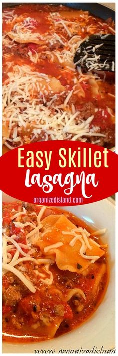 an easy skillet lasagna recipe with cheese and tomato sauce is ready to be eaten