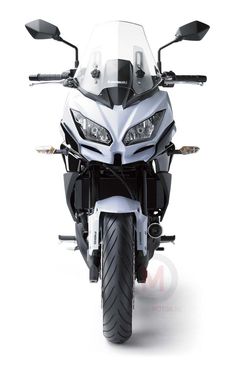 the front view of a white motorcycle on a white background with no people around it