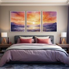 a bedroom with three paintings on the wall