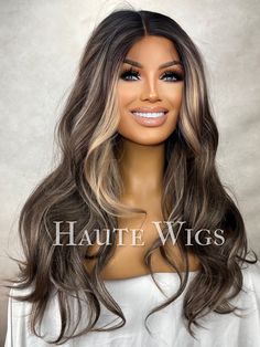 ❤️ 30 Inch Long Womens Stunning Wig. Dark Brown With Blonde Highlights / Streaks / Balayage - Curly/ wavy Style.  ❤️ Human Hair Blends Wigs.  Lace Front, With fixed Parting - please see photos ❤️ Our Luxury Wig Is Made Of The Highest Grade Synthetic Fibers Mixed With Human Hair - For A Dazzling, Head Turner Wig! She Is Heat Resistant 130-160oC (266-320oF) She Should Never To Be Dyed Or Bleached. So Beautiful ! A Head Turner ! Baby Hairs added ❤️ Free of Shedding Hairs And Zero Tangling. Soft Lus Haute Wigs, Dark Brown With Blonde Highlights, Dark Brown With Blonde, Highlights Streaks, White Ombre Hair, Blonde Highlights Curly Hair, Brown With Blonde, Brown With Blonde Highlights