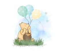 two teddy bears are sitting in the grass with balloons