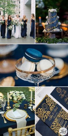 a collage of photos with blue and gold wedding colors, including black and white