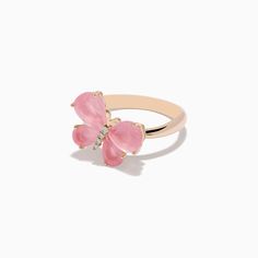 14K Rose Gold Rose Quartz and Diamond Butterfly Ring Pink Fine Jewelry Butterfly Ring As Gift, Elegant Rose Gold Flower Ring In 14k, Elegant 14k Rose Gold Flower Ring, Pink Butterfly Ring For Wedding, Pink Formal Rings With Rose Cut Diamonds, Formal Pink Rings With Rose Cut Diamonds, Rose Gold Butterfly Ring In 14k Gold, Fine Jewelry Rose Gold Flower Ring, Rose Gold Flower Ring For Valentine's Day