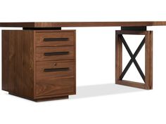 a wooden desk with two drawers on each side and one drawer at the top that is open