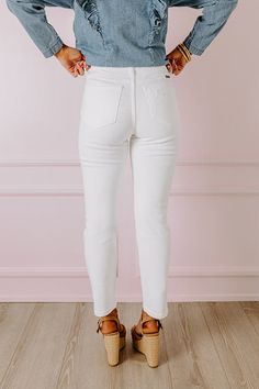 A classic summer pant, our timeless white 'Dollie' jean featuring lightweight denim material with distressed detailing, a high waistline with belt loops, a hidden zip fly with a button closure, a classic four-pocket cut, and a flattering silhouette that falls straight into ankle-length hemlines! on products Measurements 1 : Front Rise 10", Hip 28", Inseam 26", Length 36.5", Waist 24". 3 : Front Rise 10.5", Hip 29", Inseam 26", Length 37", Waist 25". 5 : Front Rise 10.5", Hip 30", Inseam 26", Len Denim Material, Summer Pants, Distressed Jeans, Ankle Length, High Waist, High Waisted, Luxury Fashion, Pants, Fashion Trends