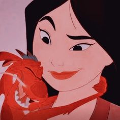 an animated image of a woman holding a red dragon in her right hand and smiling at the camera