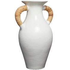 a white vase with two wooden handles on the top and bottom, sitting in front of a white background