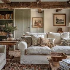 Country Style Sitting Room, English Minimalist Interior, Small Cottage Sitting Room Ideas, English Cottage Style Living Room Bookshelves, Belgium Countryside Interior Design, Listed Cottage Interior, Modern English Countryside Decor, Cottage Core Tv Room, Country Cottage Sunroom