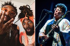 two men with dreadlocks on their heads and one holding a guitar in front of a microphone