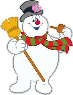 a cartoon snowman holding a broom and wearing a top hat with a scarf around his neck