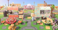 an animal crossing game with many tables and chairs in the grass, including food carts