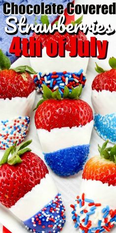 patriotic strawberries on a white plate with red, white and blue sprinkles