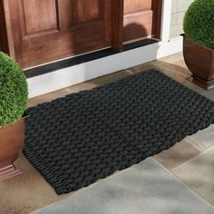 two potted plants sitting next to each other in front of a wooden door way