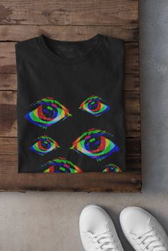 Thanks for stopping by! Goth Eyes T-shirt Printed on a super soft, cotton tee Dispatched in 5 working days or sooner Unisex Free UK delivery Material: 100% ringspun cotton. Chest (to fit): S  34/36   M  38   L  40/42   XL  44/46   XXL  48/50 ECO-FRIENDLY Each garment is made to order, reducing extra material and energy that would be otherwise wasted We use DTG printing process which is easier on the environment than screen-printing Our ink is bright and also eco-friendly. Do not tumble dry. Wash Multicolor Grunge T-shirt With Letter Print, Multicolor Letter Print Grunge T-shirt, Multicolor Grunge Crew Neck Top, Multicolor Cotton Grunge T-shirt, Black Crew Neck Top With Rainbow Print, Multicolor Crew Neck Band Merch Tops, Grunge Style Multicolor Screen Print T-shirt, Multicolor Grunge T-shirt With Screen Print, Multicolor Screen Print Grunge T-shirt