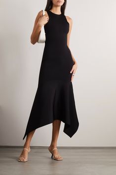 Black Olina asymmetric stretch-crepe midi dress | THE ROW | NET-A-PORTER Designer Midi Dresses, Handkerchief Dress, Stretch Crepe, Minimal Style, Mid Dresses, Fashion Design Clothes, Crepe Dress, Classy Dress, Elegant Outfit