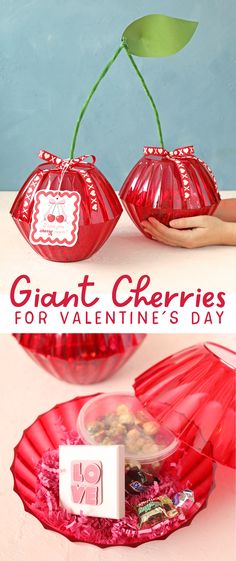 valentine's day treat box with candy in the shape of two heart shaped vases