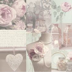 a collage of pink roses and vases in pastel tones, with white lace