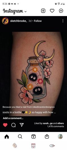 Two soot Sprites trapped in a jar with three littlestars, flowers and, and a Cresent moon are around the jar. The tattoo is on a forearm. Jar Tattoo, Tatuaje Studio Ghibli, Maching Tattoos, Studio Ghibli Tattoo, Spirit Tattoo, Soot Sprite, Bestie Tattoo, Ghibli Tattoo, Handpoke Tattoo