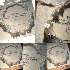 three pictures of the inside of a card with flowers and pearls on it, along with instructions for how to make an origami bracelet