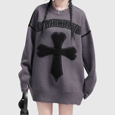 Material: 42% AcrylicFeatures: Pullover, sweater, crew neck, long sleeve, cross pattern embroidered, color contrast, knit, relaxed fit, couple outfits.Style: Casual, college, streetwear Embroidered Sweater Vintage, College Streetwear, Costume Bags, Fit Couple, Cross Patterns, Embroidered Sweater, Couple Outfits, Color Contrast, Bra Set