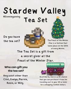 the stardew valley tea set is shown with instructions for it to be made