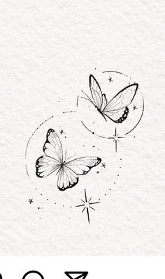 two butterflies flying in the sky with stars around them and one is drawn on paper