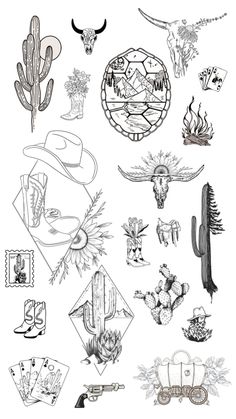 an image of tattoos and other things on a white background, including cactuses, flowers,