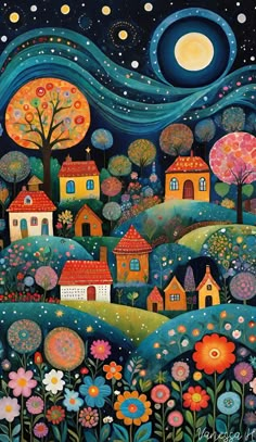 a painting of houses and trees in the night sky with stars, moon and clouds