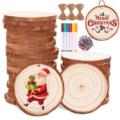 a stack of wooden slices with christmas decorations