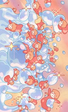 cartoon bears floating in the air with bubbles and stars around them on a colorful background