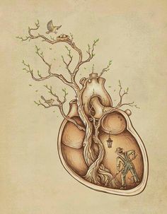 a drawing of a human heart with trees growing out of it and birds flying around