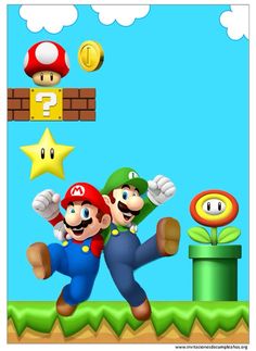 mario and luigi running in front of a star