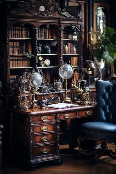 an old fashioned desk and chair in front of a bookshelf filled with clocks