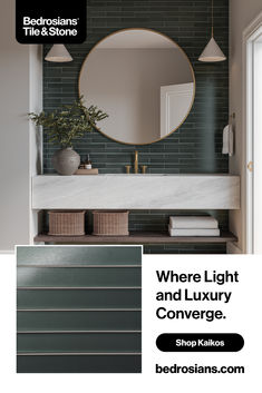 a bathroom with a round mirror above it and the words where light and luxury converge shop kalliss