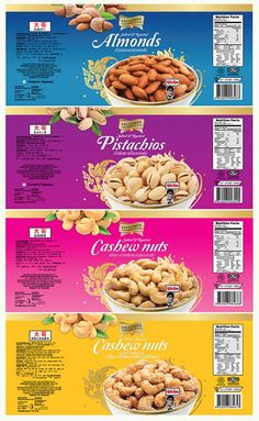 three different types of nuts are shown in the same package, each with their own label