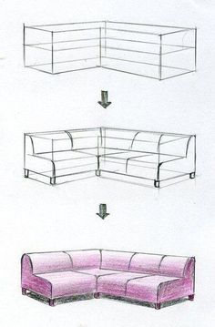 three different types of furniture are shown in this drawing, one is pink and the other is white