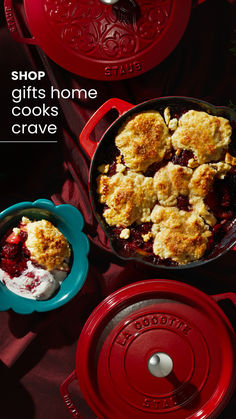 a red cast iron skillet filled with cranberry cobbles and ice cream