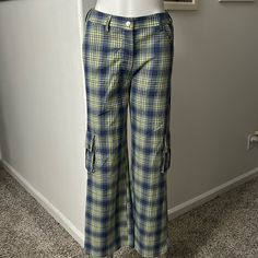 Yellow N Blue Plaid Pants Wide Bottoms N Pockets On The Side Of Pants Inseam 31 Inches Long Inner Leg Measurements Casual Mid-rise Yellow Pants, Casual Yellow Mid-rise Pants, Fitted Mid-rise Yellow Pants, Forever 21 Casual Blue Bottoms, Forever 21 Bottoms With Pockets For Spring, Yellow Mid-rise Cotton Pants, Forever 21 High Waist Bottoms With Pockets, Forever 21 High-waisted Bottoms With Pockets, Forever 21 Cotton Bottoms With Pockets