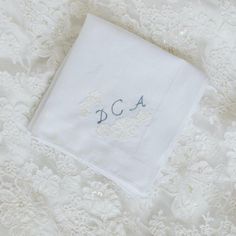 heirloom wedding handkerchief made with bride's mother's wedding dress lace by The Garter Girl Elegant White Handkerchiefs For Wedding Gift, Elegant White Handkerchiefs Gift, Elegant White Handkerchiefs As Gift, Classic White Wedding Handkerchiefs, Elegant Embroidered Handkerchiefs Gift, Elegant Initials Handkerchiefs For Wedding Gift, Elegant Personalized Handkerchief For Bridesmaid Gift, Classic Wedding Handkerchiefs With Initials, Elegant Handkerchiefs With Initials For Wedding Gift